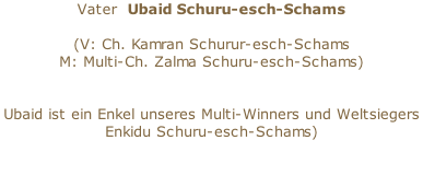 Vater  Ubaid Schuru-esch-Schams  (V: Ch. Kamran Schurur-esch-Schams   M: Multi-Ch. Zalma Schuru-esch-Schams)   Ubaid ist ein Enkel unseres Multi-Winners und Weltsiegers Enkidu Schuru-esch-Schams)